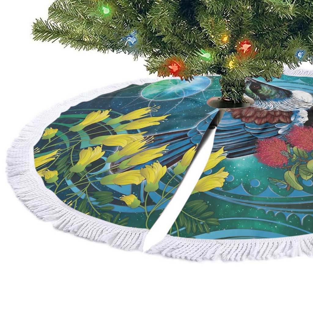 New Zealand Tui Bird Tree Skirt Maori Koru With Pohutukawa Galaxy Style - Polynesian Pride