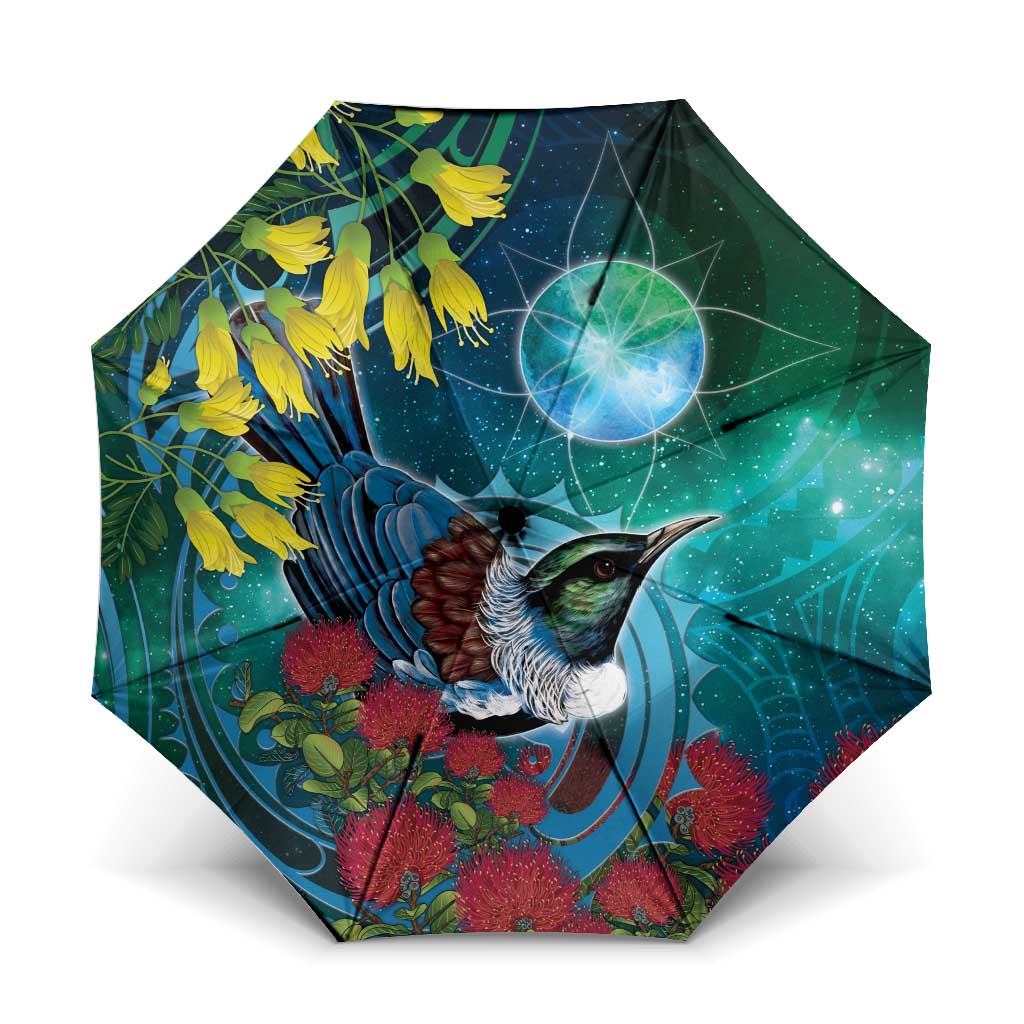 New Zealand Tui Bird Umbrella Maori Koru With Pohutukawa Galaxy Style - Polynesian Pride