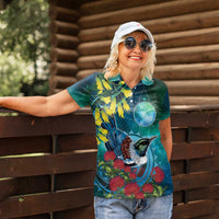 New Zealand Tui Bird Women Polo Shirt Maori Koru With Pohutukawa Galaxy Style - Polynesian Pride