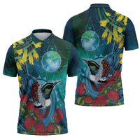 New Zealand Tui Bird Zipper Polo Shirt Maori Koru With Pohutukawa Galaxy Style - Polynesian Pride