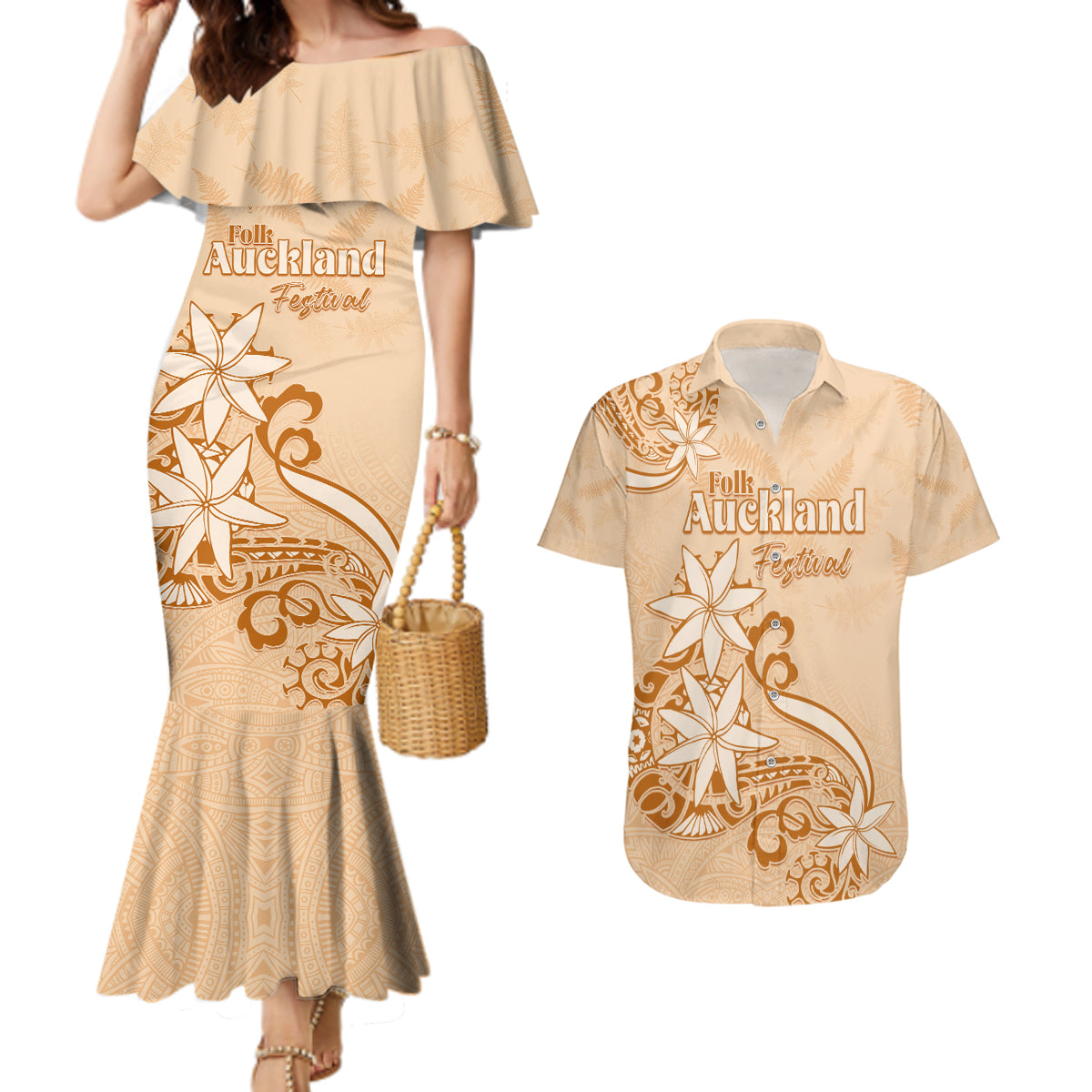 Personalised New Zealand Auckland Folk Festival Couples Matching Mermaid Dress and Hawaiian Shirt Vintage Style LT05 Brown - Polynesian Pride