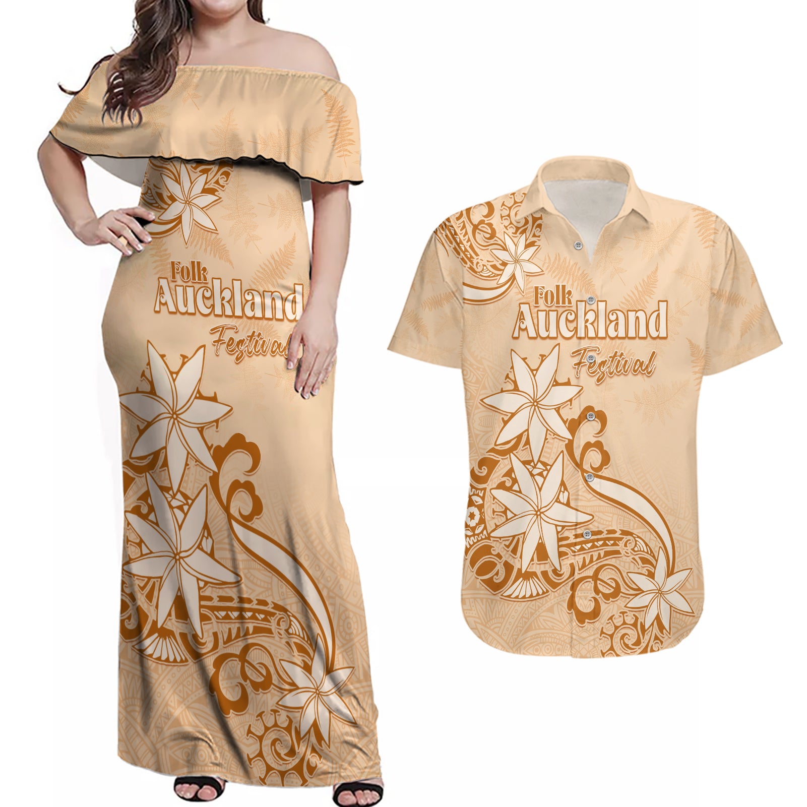 Personalised New Zealand Auckland Folk Festival Couples Matching Off Shoulder Maxi Dress and Hawaiian Shirt Vintage Style LT05 Brown - Polynesian Pride