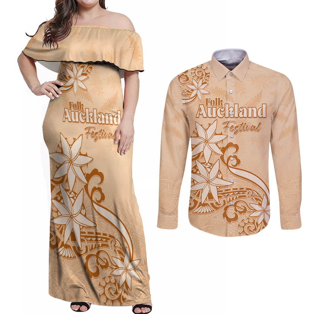 Personalised New Zealand Auckland Folk Festival Couples Matching Off Shoulder Maxi Dress and Long Sleeve Button Shirt Vintage Style LT05 Brown - Polynesian Pride