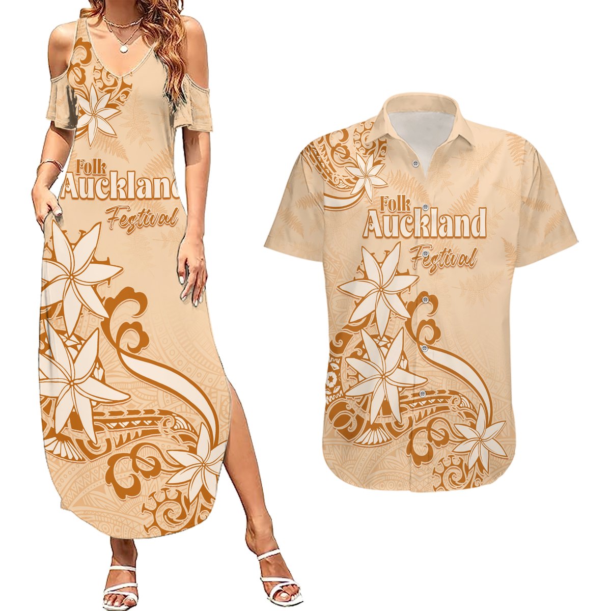 Personalised New Zealand Auckland Folk Festival Couples Matching Summer Maxi Dress and Hawaiian Shirt Vintage Style LT05 Brown - Polynesian Pride