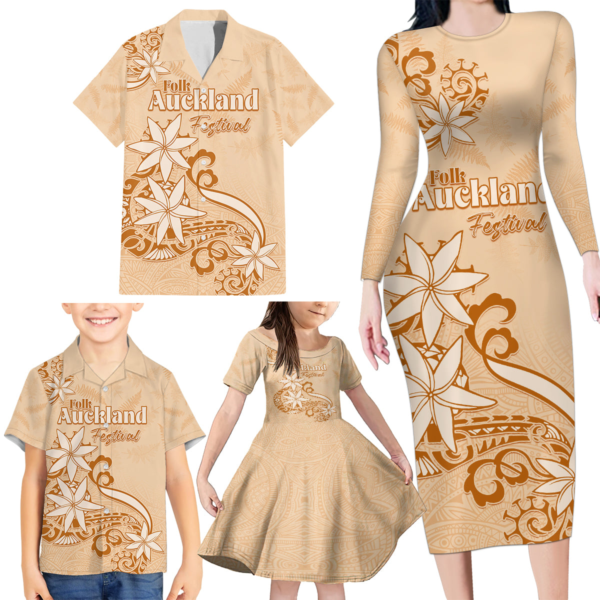 Personalised New Zealand Auckland Folk Festival Family Matching Long Sleeve Bodycon Dress and Hawaiian Shirt Vintage Style LT05 - Polynesian Pride