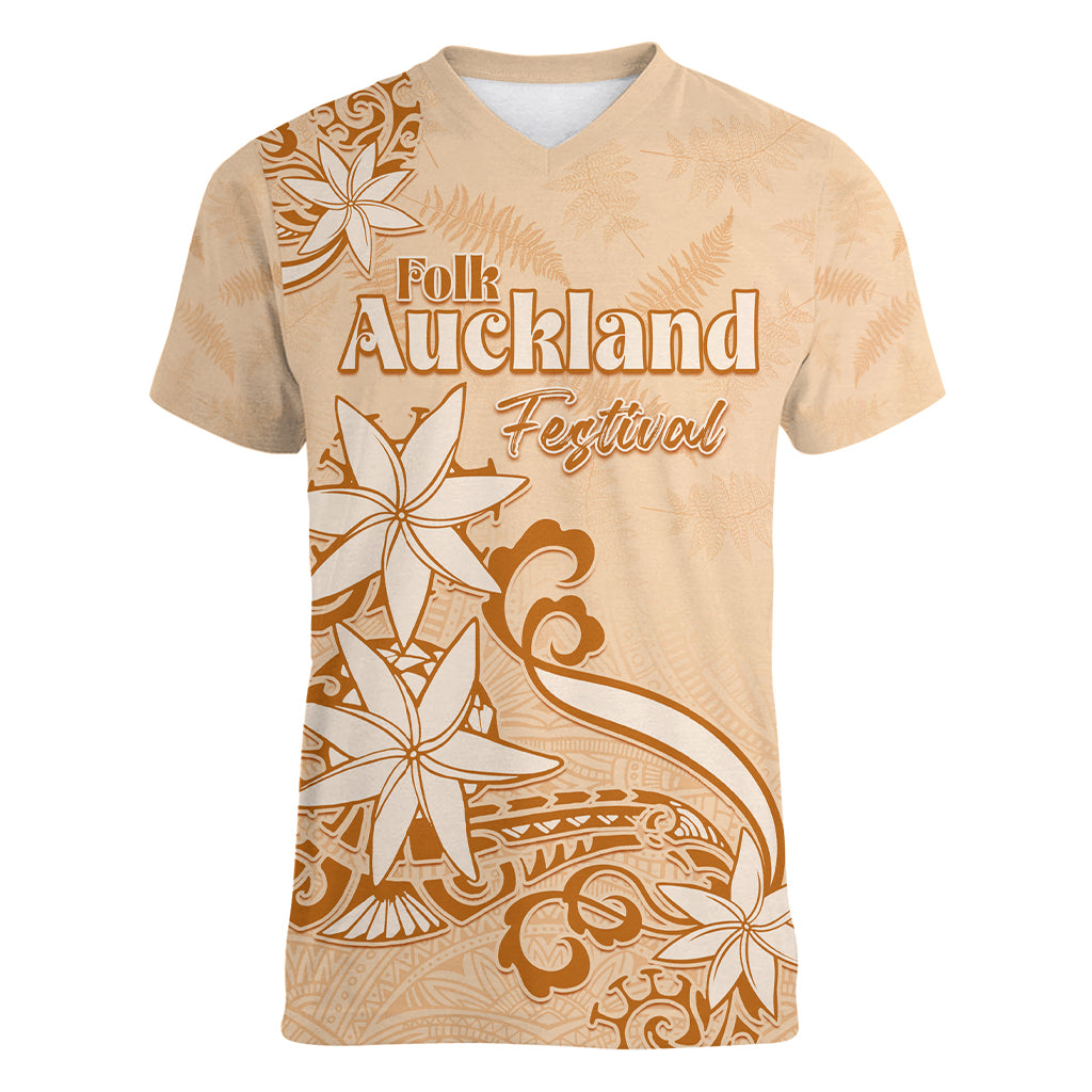 Personalised New Zealand Auckland Folk Festival Women V Neck T Shirt Vintage Style LT05 Female Brown - Polynesian Pride