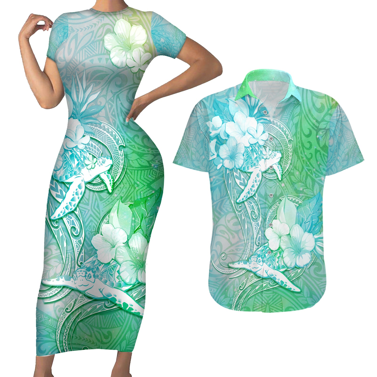 Couple Sea Turtle One Love One Heart Couples Matching Short Sleeve Bodycon Dress and Hawaiian Shirt LT05 Aqua - Polynesian Pride