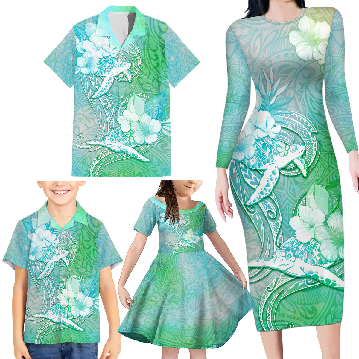 Couple Sea Turtle One Love One Heart Family Matching Long Sleeve Bodycon Dress and Hawaiian Shirt LT05 - Polynesian Pride