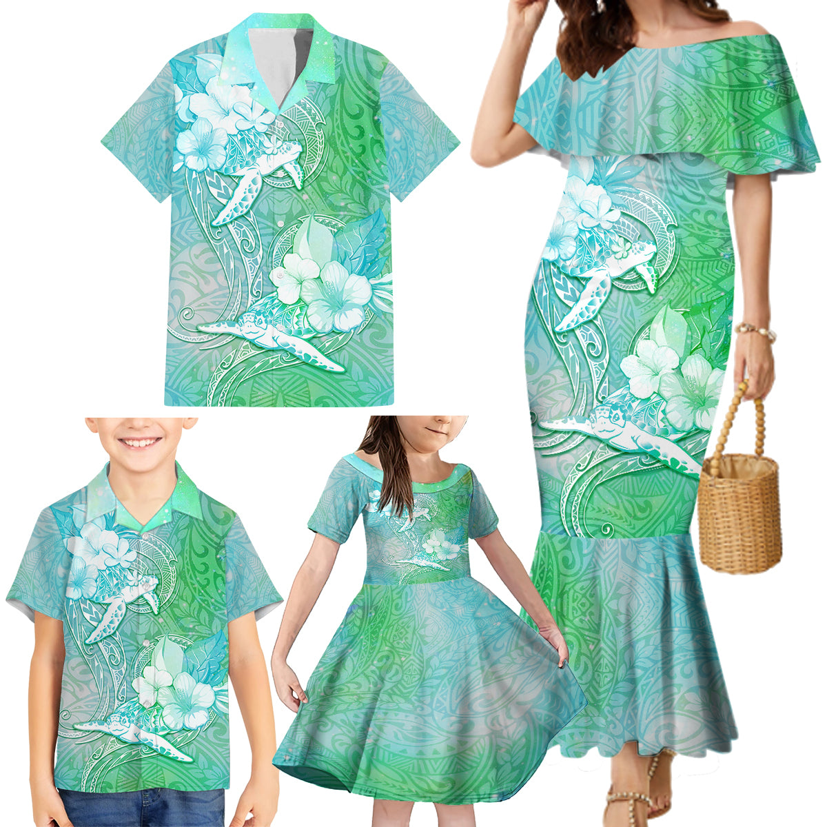 Couple Sea Turtle One Love One Heart Family Matching Mermaid Dress and Hawaiian Shirt LT05 - Polynesian Pride