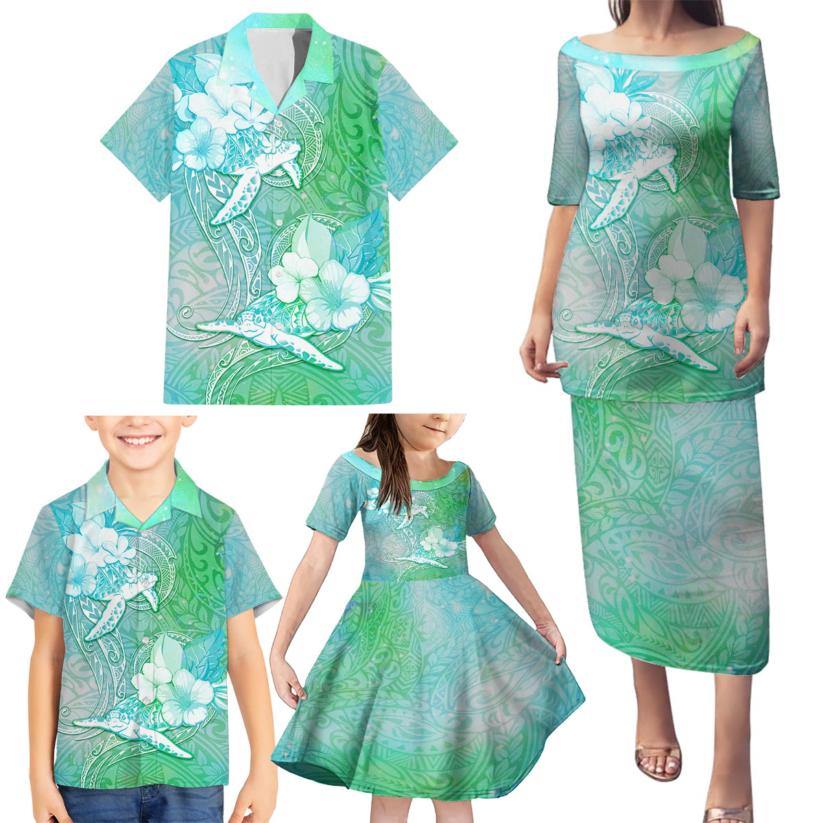 Couple Sea Turtle One Love One Heart Family Matching Puletasi Dress and Hawaiian Shirt LT05 - Polynesian Pride