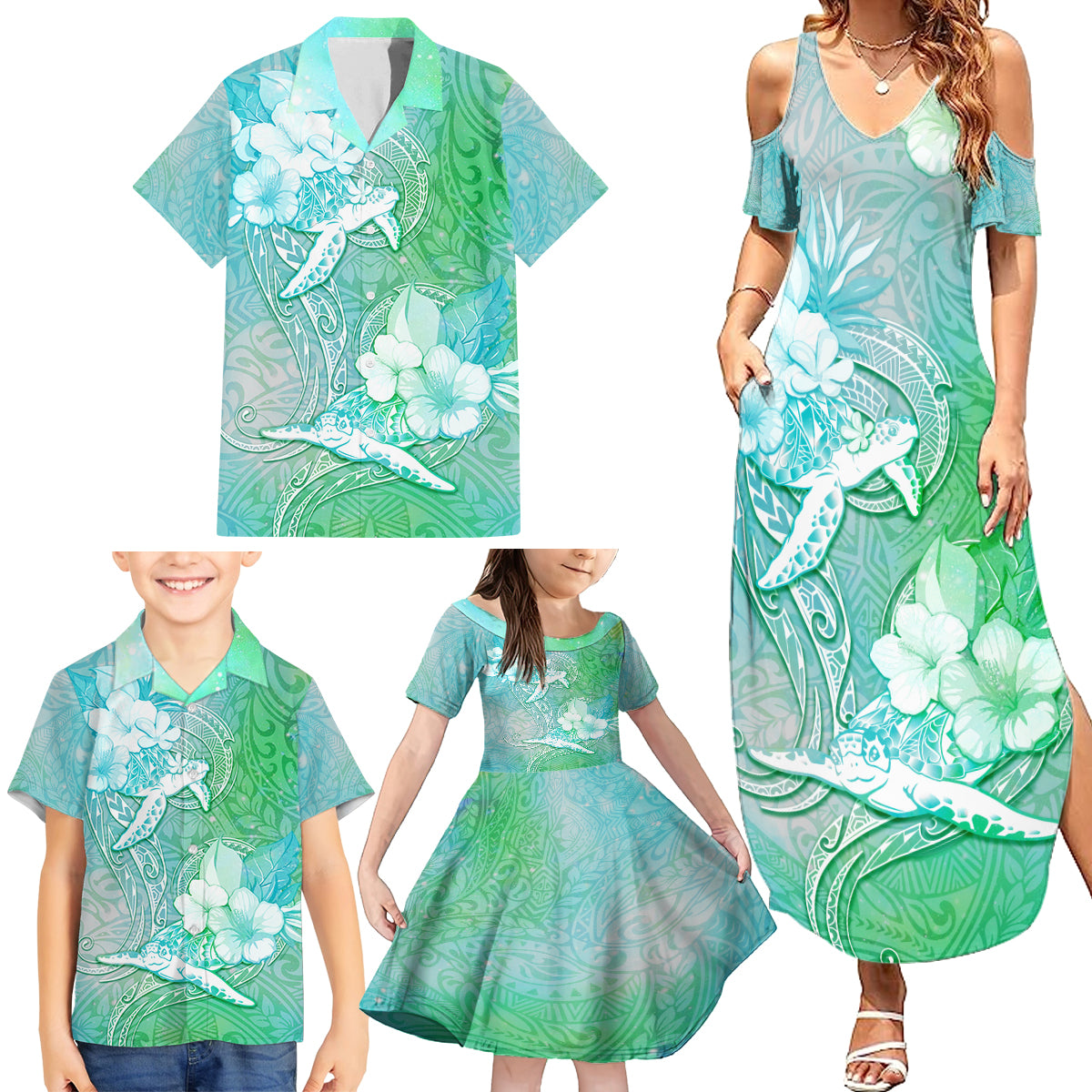 Couple Sea Turtle One Love One Heart Family Matching Summer Maxi Dress and Hawaiian Shirt LT05 - Polynesian Pride