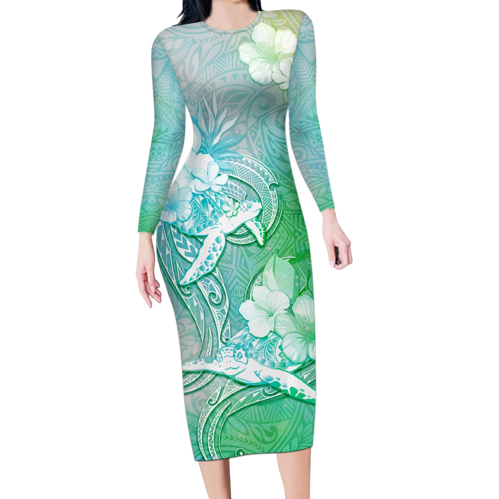 Couple Sea Turtle One Love One Heart Long Sleeve Bodycon Dress LT05 Long Dress Aqua - Polynesian Pride