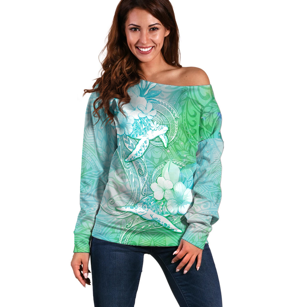 Couple Sea Turtle One Love One Heart Off Shoulder Sweater LT05 Women Aqua - Polynesian Pride