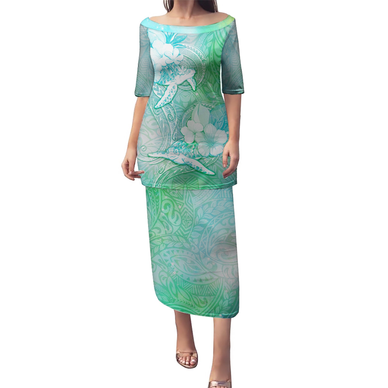 Couple Sea Turtle One Love One Heart Puletasi LT05 Long Dress Aqua - Polynesian Pride