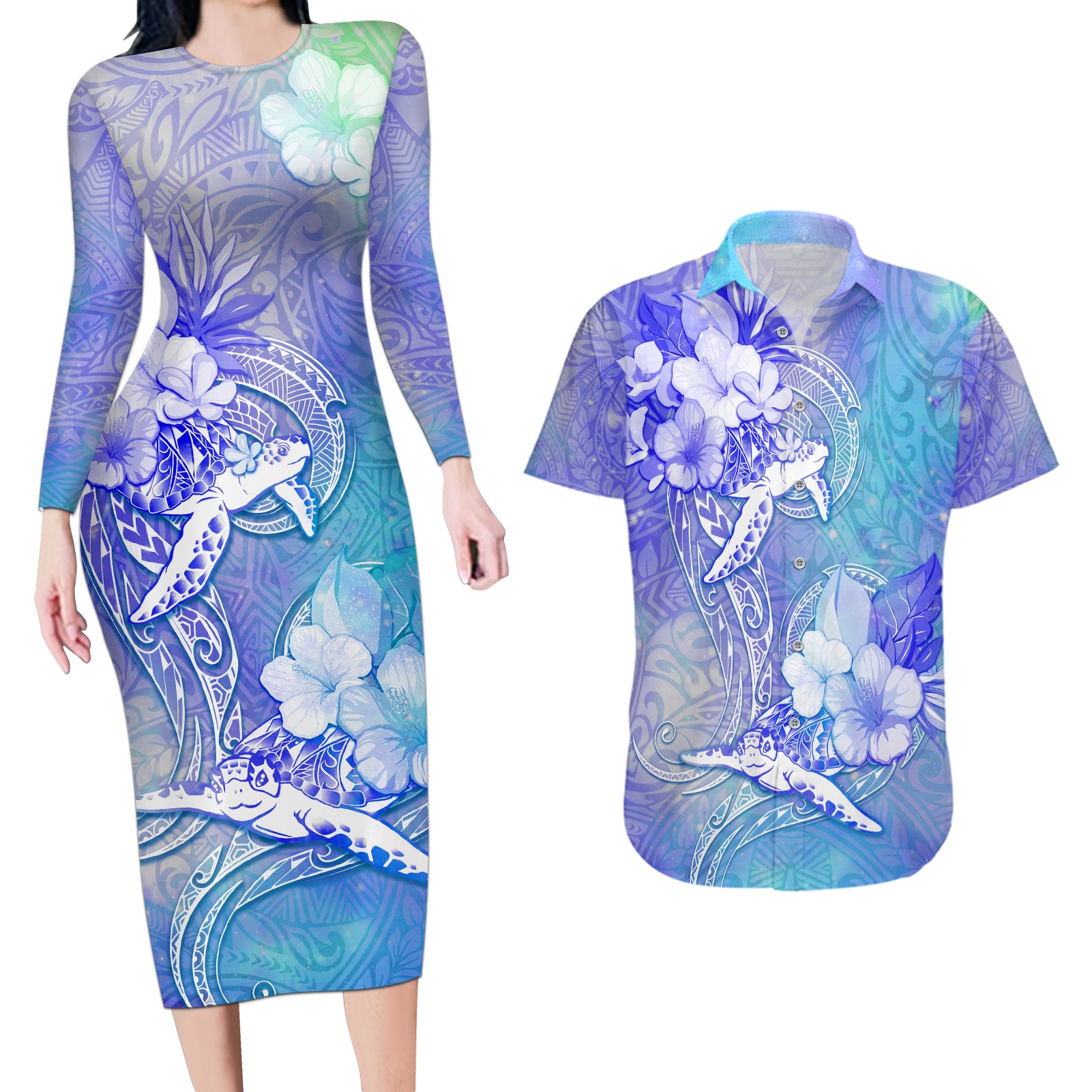 Couple Blue Sea Turtle Heart Love Couples Matching Long Sleeve Bodycon Dress and Hawaiian Shirt LT05 Blue - Polynesian Pride