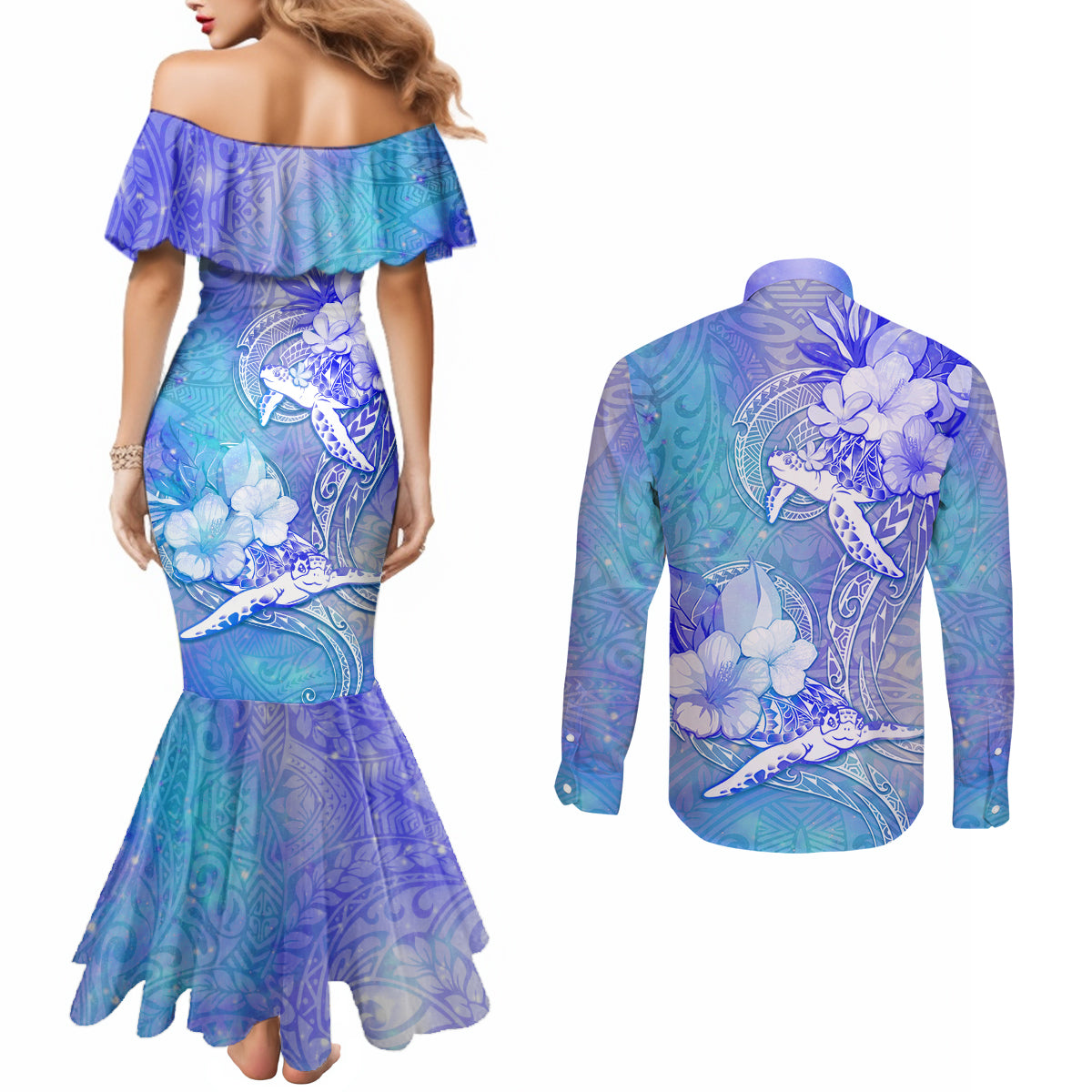Couple Blue Sea Turtle Heart Love Couples Matching Mermaid Dress and Long Sleeve Button Shirt LT05 - Polynesian Pride
