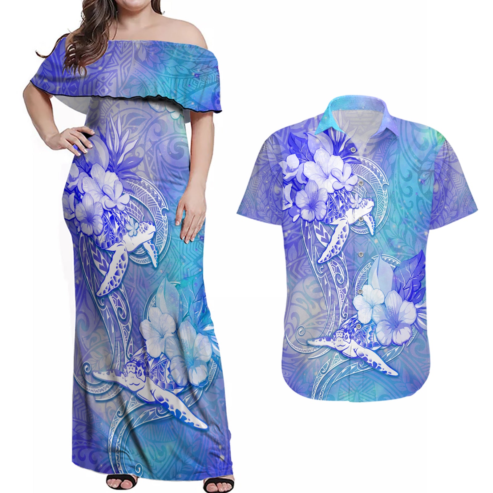 Couple Blue Sea Turtle Heart Love Couples Matching Off Shoulder Maxi Dress and Hawaiian Shirt LT05 Blue - Polynesian Pride