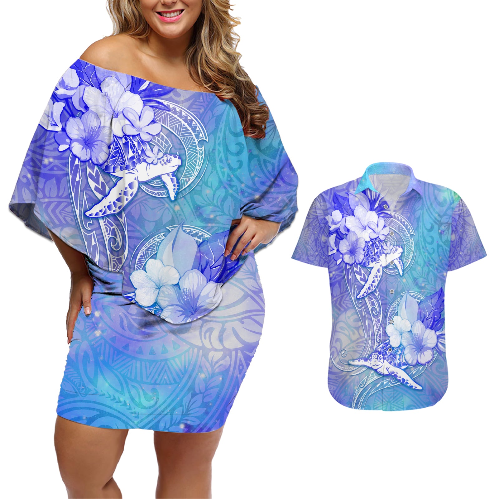 Couple Blue Sea Turtle Heart Love Couples Matching Off Shoulder Short Dress and Hawaiian Shirt LT05 Blue - Polynesian Pride
