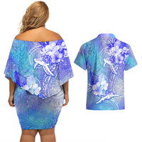Couple Blue Sea Turtle Heart Love Couples Matching Off Shoulder Short Dress and Hawaiian Shirt LT05 - Polynesian Pride