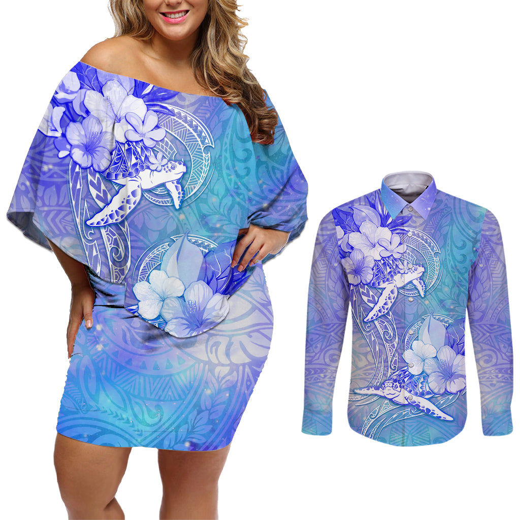 Couple Blue Sea Turtle Heart Love Couples Matching Off Shoulder Short Dress and Long Sleeve Button Shirt LT05 Blue - Polynesian Pride