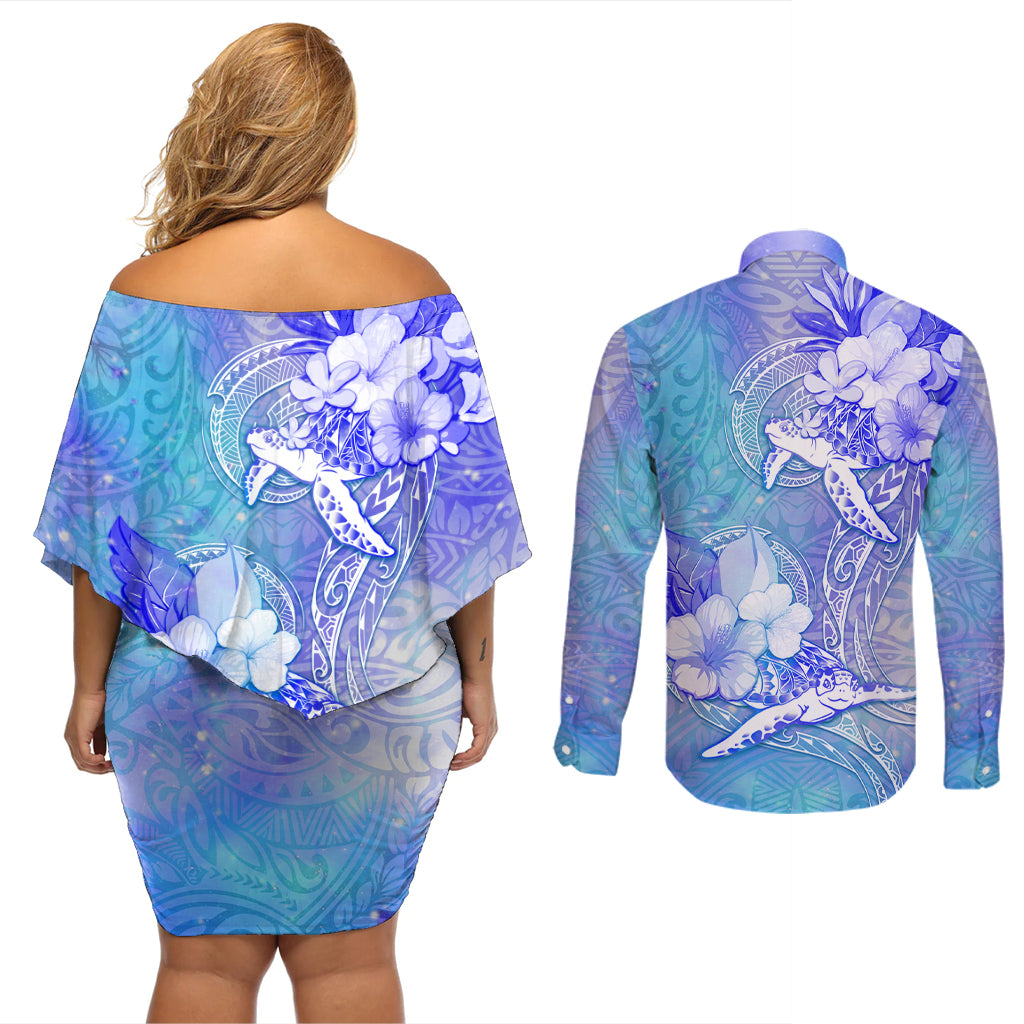 Couple Blue Sea Turtle Heart Love Couples Matching Off Shoulder Short Dress and Long Sleeve Button Shirt LT05 - Polynesian Pride