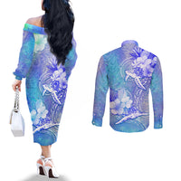 Couple Blue Sea Turtle Heart Love Couples Matching Off The Shoulder Long Sleeve Dress and Long Sleeve Button Shirt LT05 - Polynesian Pride