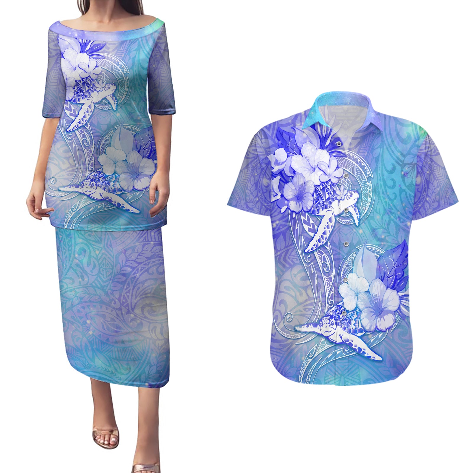Couple Blue Sea Turtle Heart Love Couples Matching Puletasi Dress and Hawaiian Shirt LT05 Blue - Polynesian Pride