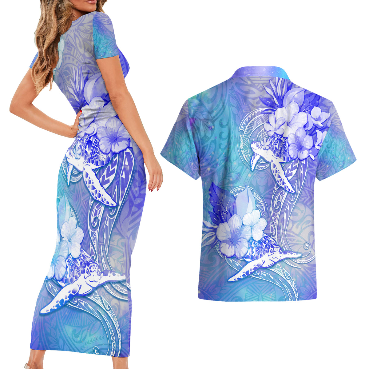 Couple Blue Sea Turtle Heart Love Couples Matching Short Sleeve Bodycon Dress and Hawaiian Shirt LT05 - Polynesian Pride