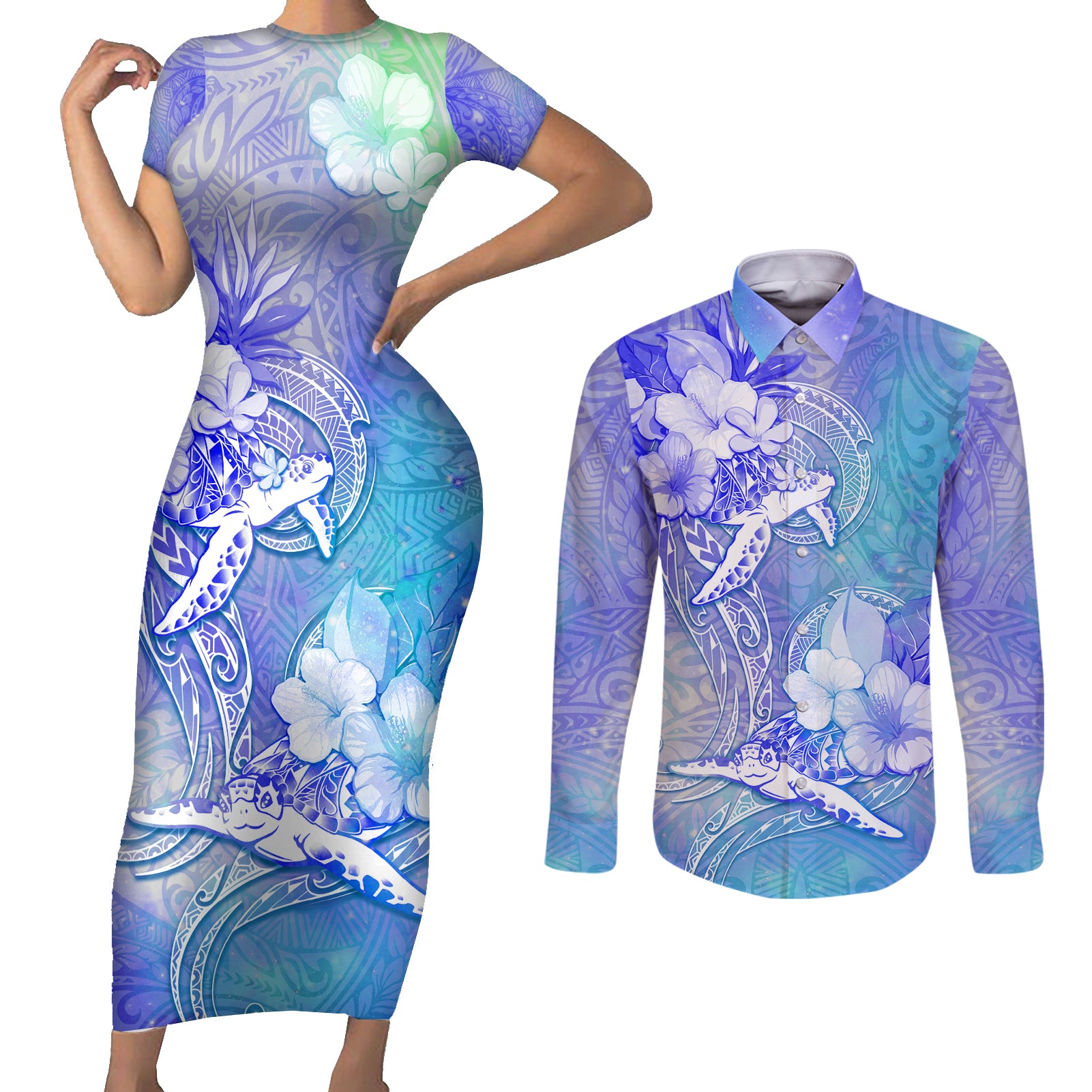 Couple Blue Sea Turtle Heart Love Couples Matching Short Sleeve Bodycon Dress and Long Sleeve Button Shirt LT05 Blue - Polynesian Pride