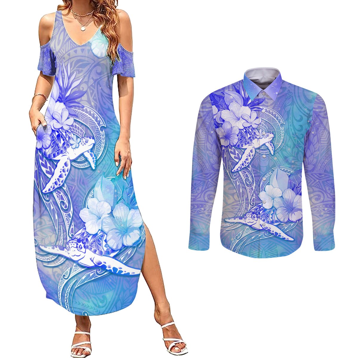 Couple Blue Sea Turtle Heart Love Couples Matching Summer Maxi Dress and Long Sleeve Button Shirt LT05 Blue - Polynesian Pride