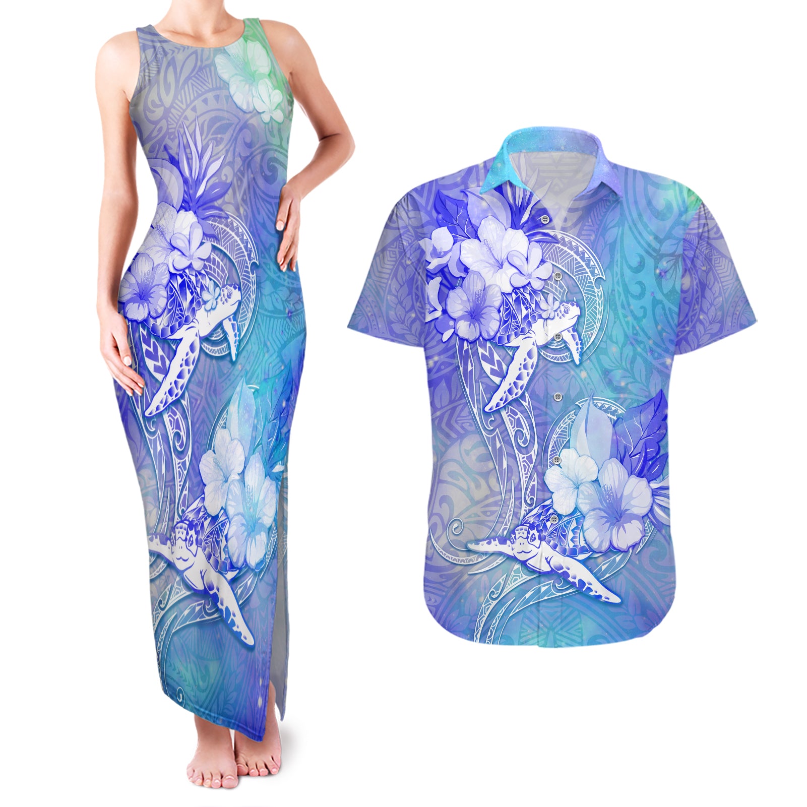 Couple Blue Sea Turtle Heart Love Couples Matching Tank Maxi Dress and Hawaiian Shirt LT05 Blue - Polynesian Pride