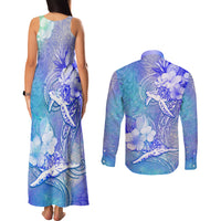 Couple Blue Sea Turtle Heart Love Couples Matching Tank Maxi Dress and Long Sleeve Button Shirt LT05 - Polynesian Pride