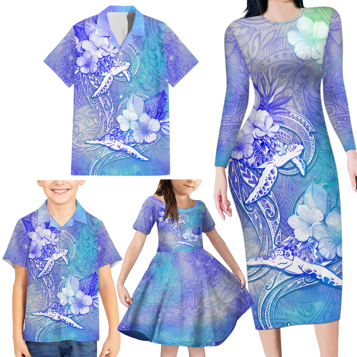 Couple Blue Sea Turtle Heart Love Family Matching Long Sleeve Bodycon Dress and Hawaiian Shirt LT05 - Polynesian Pride