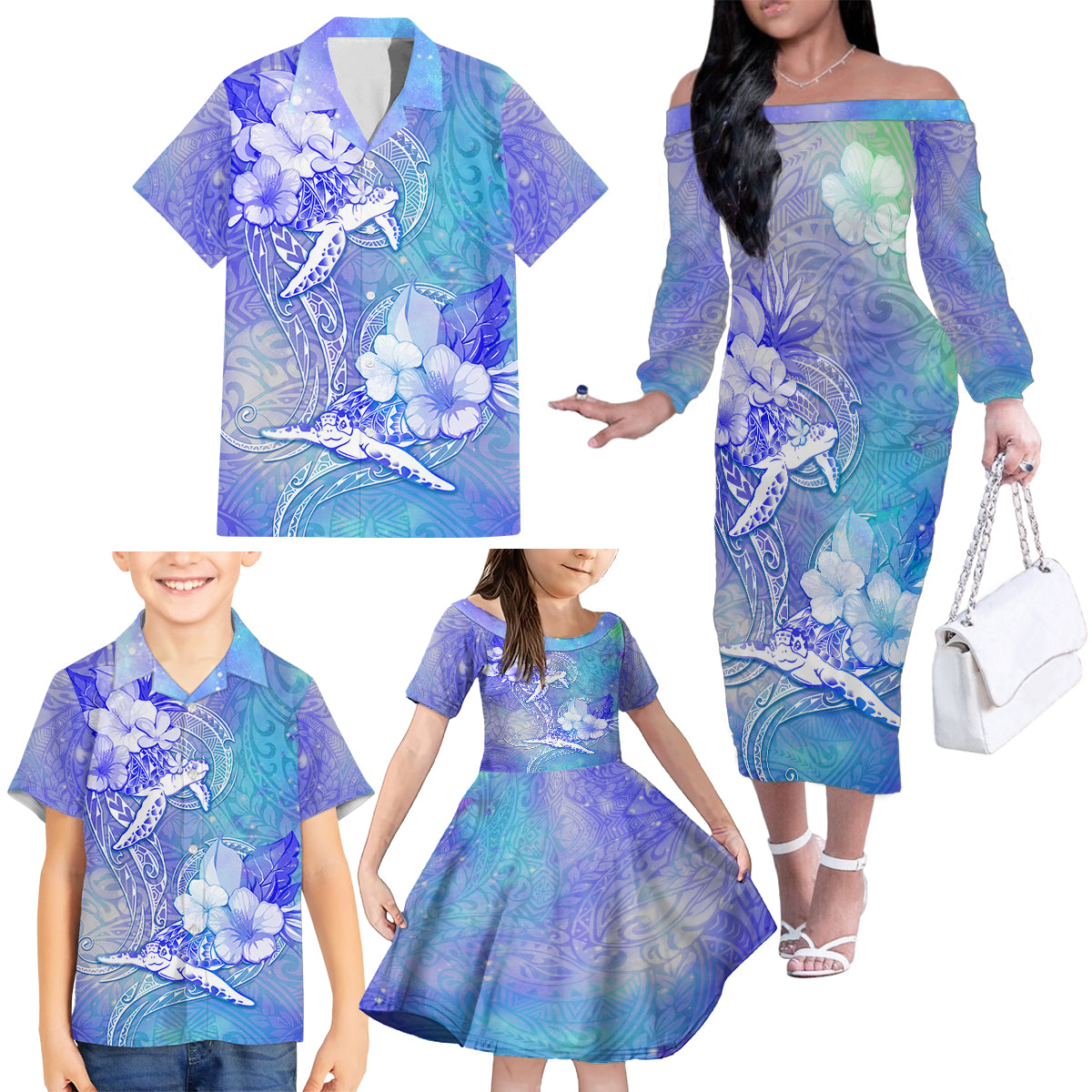 Couple Blue Sea Turtle Heart Love Family Matching Off Shoulder Long Sleeve Dress and Hawaiian Shirt LT05 - Polynesian Pride