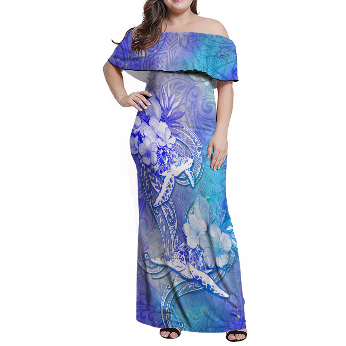 Couple Blue Sea Turtle Heart Love Family Matching Off Shoulder Maxi Dress and Hawaiian Shirt LT05 Mom's Dress Blue - Polynesian Pride