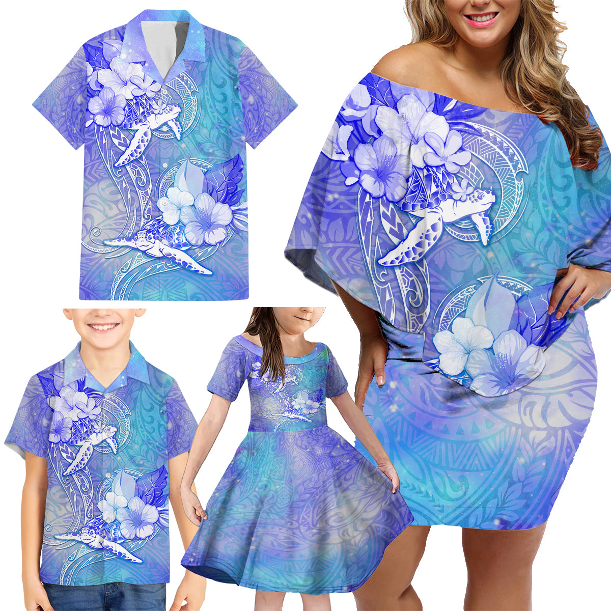 Couple Blue Sea Turtle Heart Love Family Matching Off Shoulder Short Dress and Hawaiian Shirt LT05 - Polynesian Pride