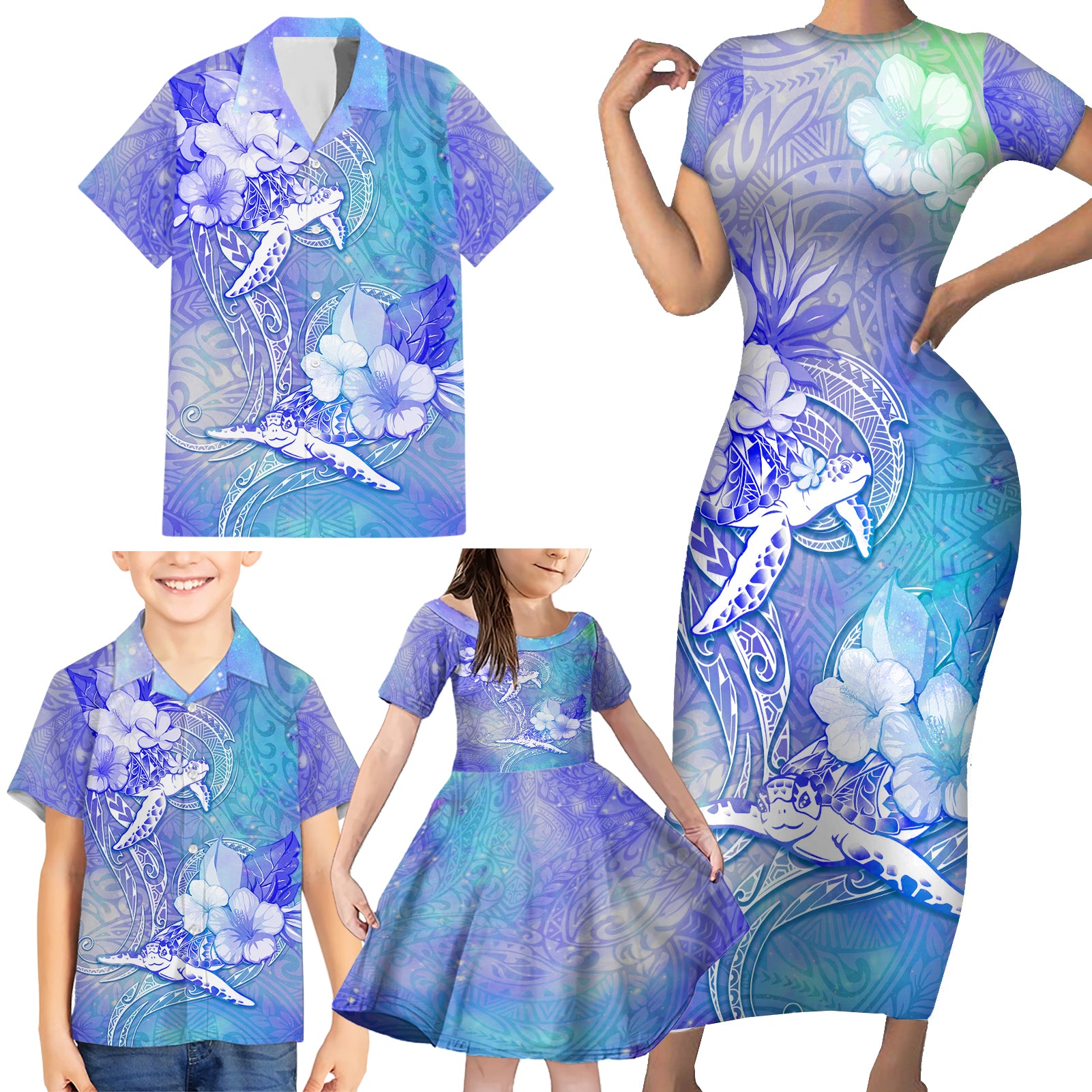 Couple Blue Sea Turtle Heart Love Family Matching Short Sleeve Bodycon Dress and Hawaiian Shirt LT05 - Polynesian Pride