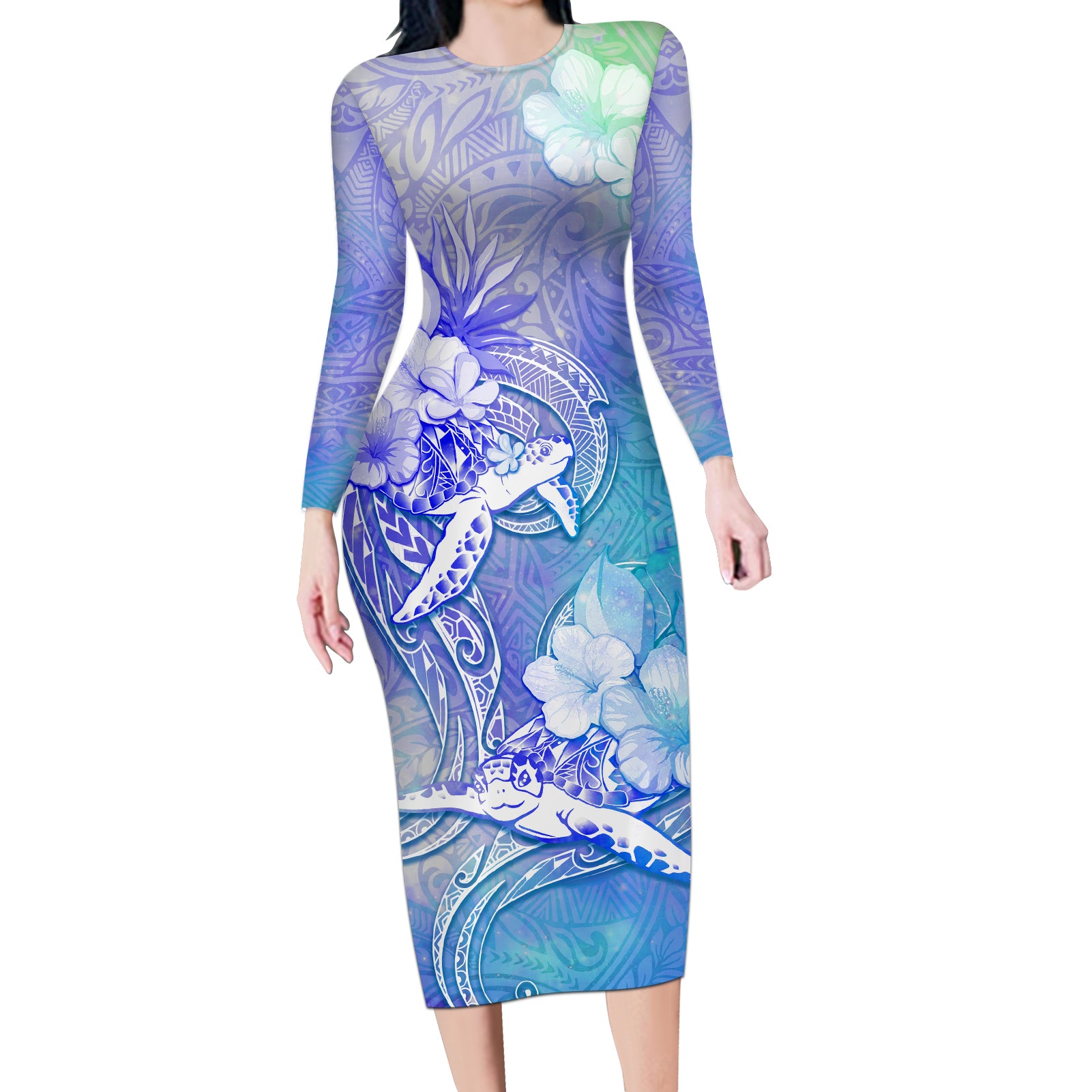 Couple Blue Sea Turtle Heart Love Long Sleeve Bodycon Dress LT05 Long Dress Blue - Polynesian Pride