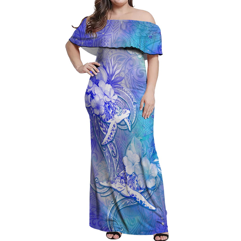 Couple Blue Sea Turtle Heart Love Off Shoulder Maxi Dress LT05 Women Blue - Polynesian Pride