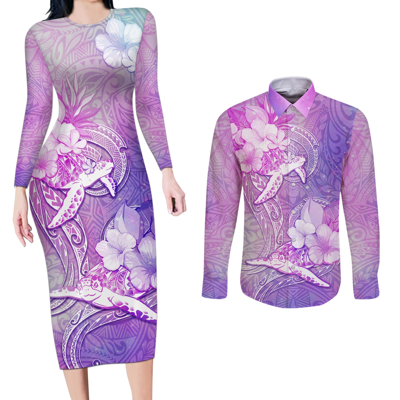 Couple Sea Turtle Love Give Us A Fairytale Couples Matching Long Sleeve Bodycon Dress and Long Sleeve Button Shirt LT05 Pink - Polynesian Pride