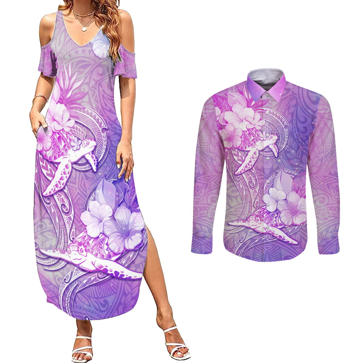 Couple Sea Turtle Love Give Us A Fairytale Couples Matching Summer Maxi Dress and Long Sleeve Button Shirt LT05 Pink - Polynesian Pride
