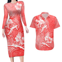Polynesia Sea Turtle Couple Couples Matching Long Sleeve Bodycon Dress and Hawaiian Shirt Happy Valentine Day Red LT05