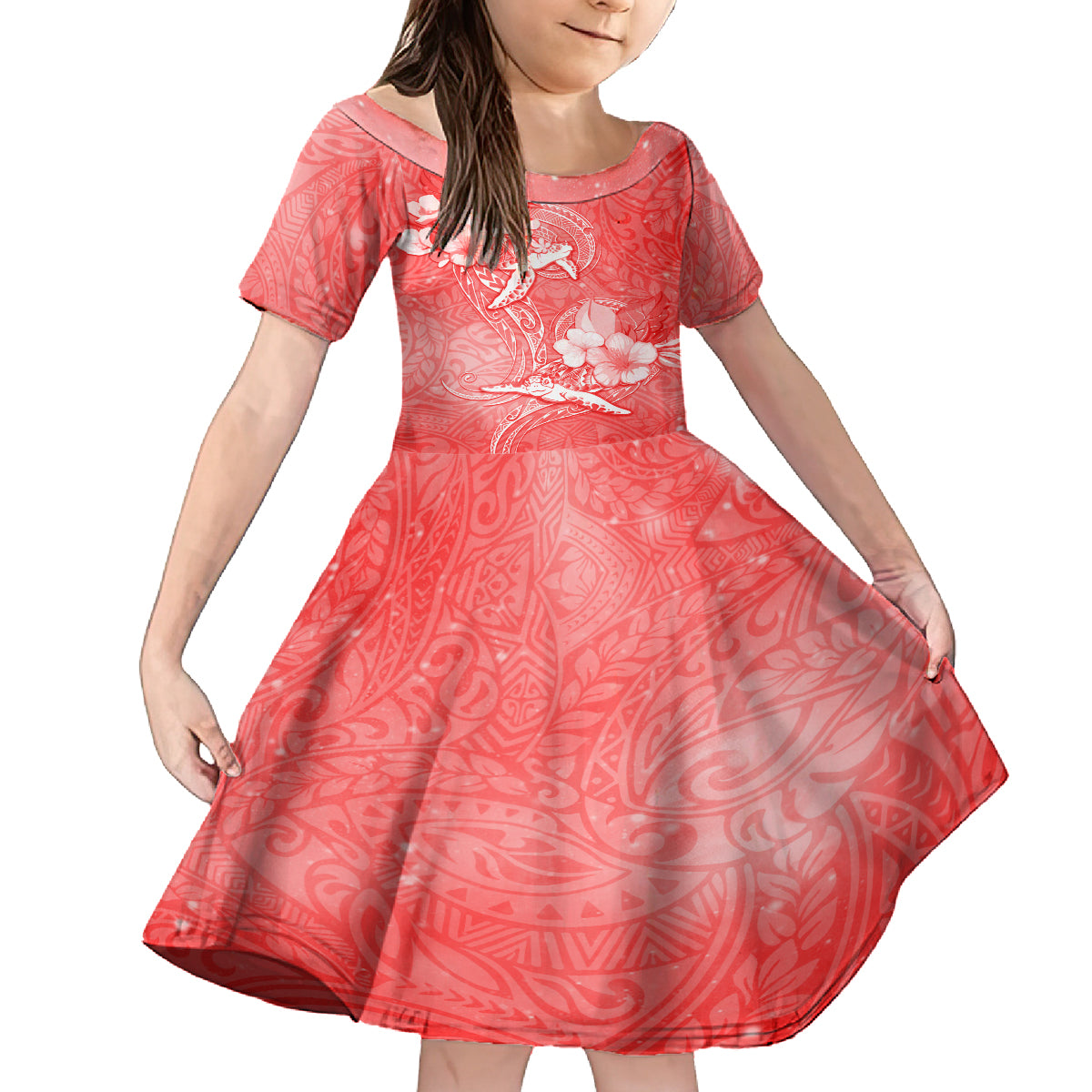 Polynesia Sea Turtle Couple Family Matching Long Sleeve Bodycon Dress and Hawaiian Shirt Happy Valentine Day Red LT05 Daughter's Dress Red - Polynesian Pride