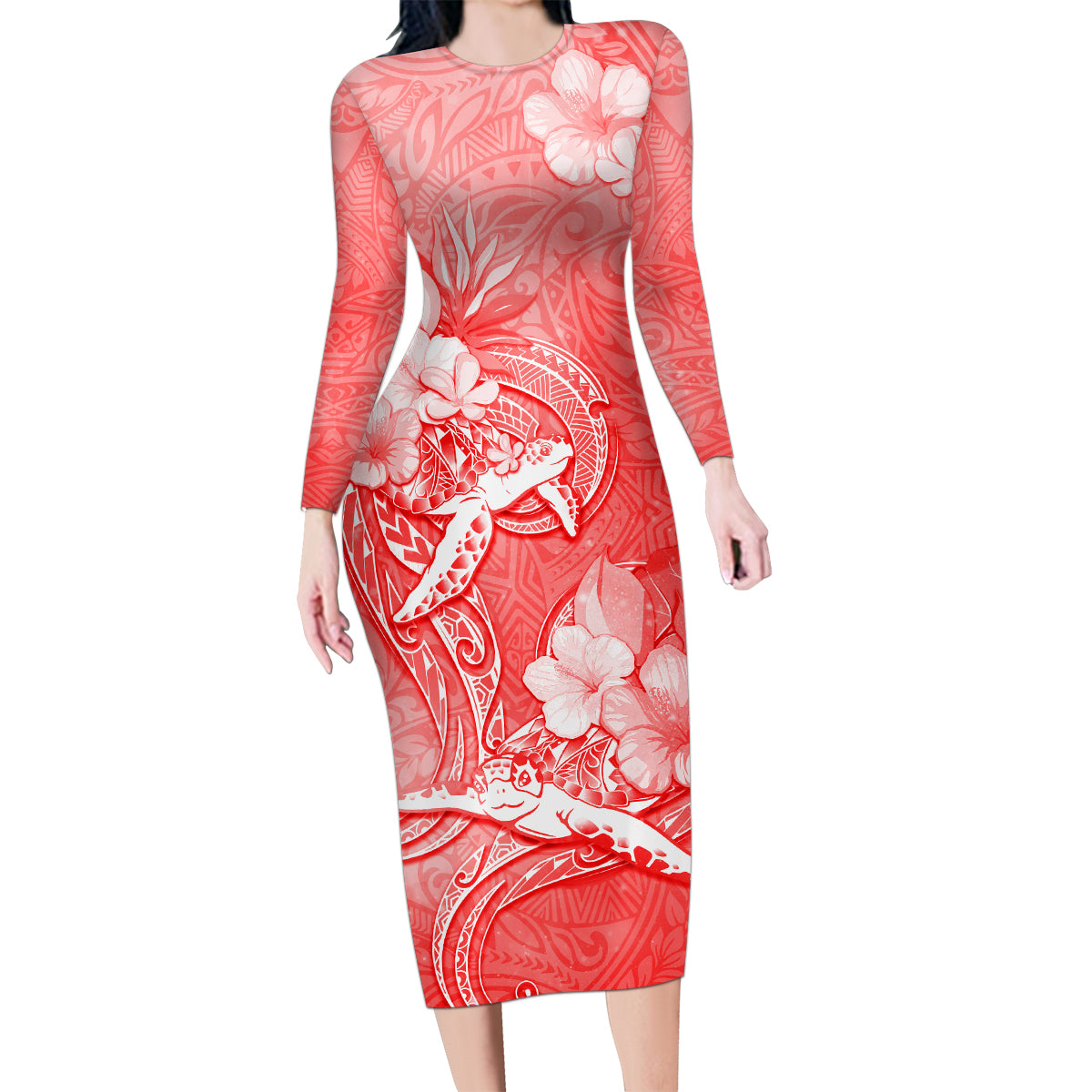 Polynesia Sea Turtle Couple Family Matching Long Sleeve Bodycon Dress and Hawaiian Shirt Happy Valentine Day Red LT05 Mom's Dress Red - Polynesian Pride