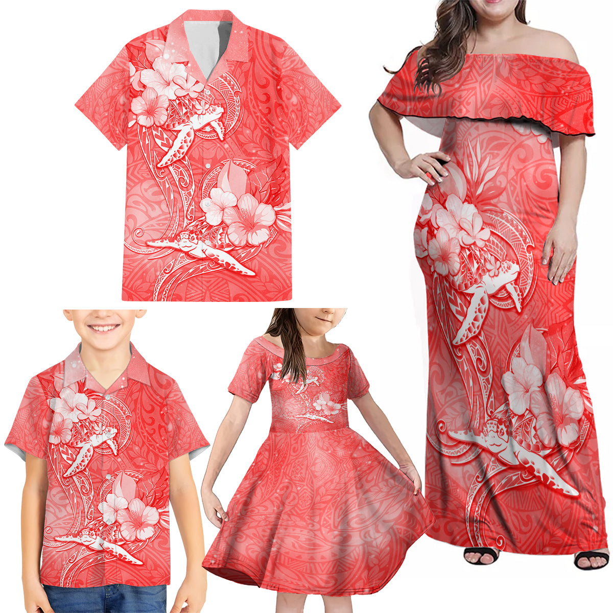 Polynesia Sea Turtle Couple Family Matching Off Shoulder Maxi Dress and Hawaiian Shirt Happy Valentine Day Red LT05 - Polynesian Pride