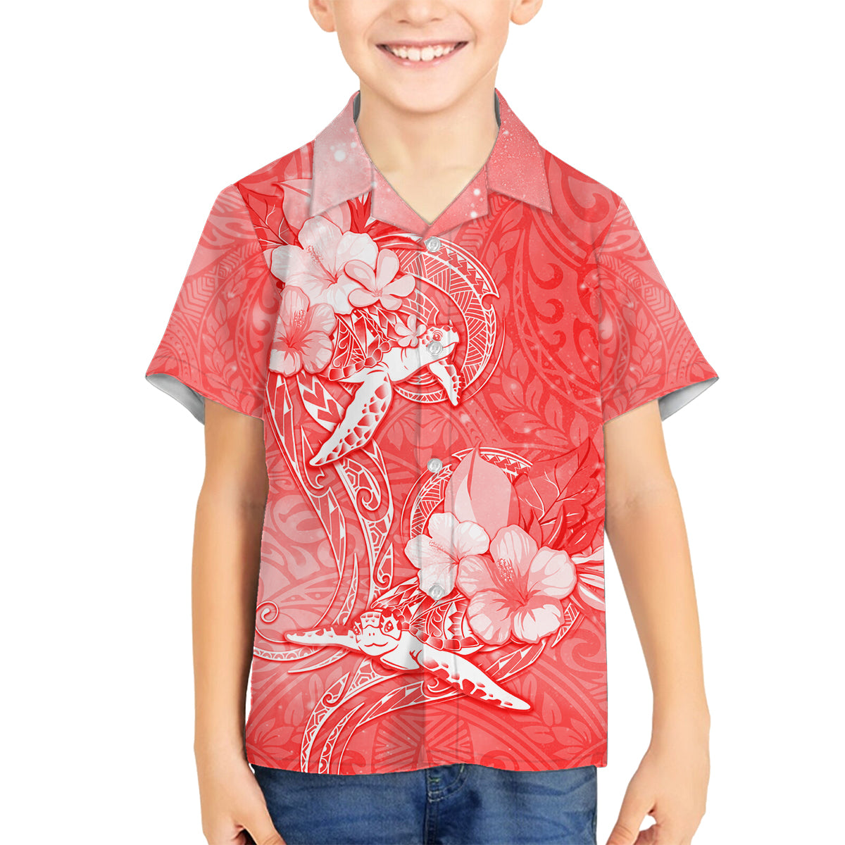Polynesia Sea Turtle Couple Family Matching Off Shoulder Maxi Dress and Hawaiian Shirt Happy Valentine Day Red LT05 Son's Shirt Red - Polynesian Pride