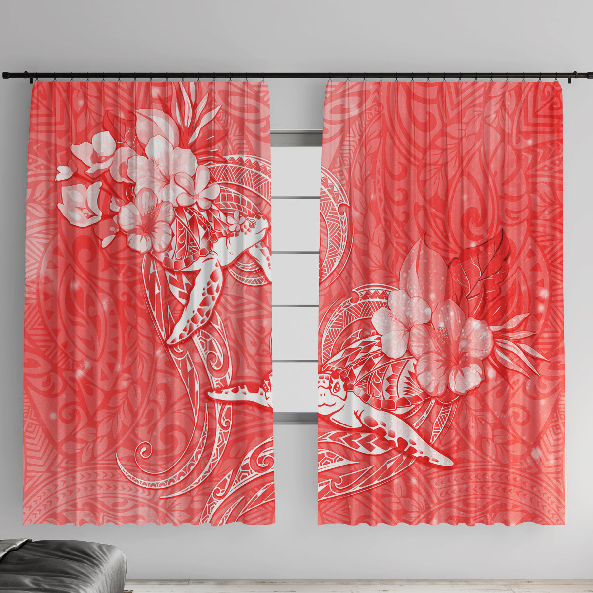 Polynesia Sea Turtle Couple Window Curtain Happy Valentine Day Red LT05 With Hooks Red - Polynesian Pride