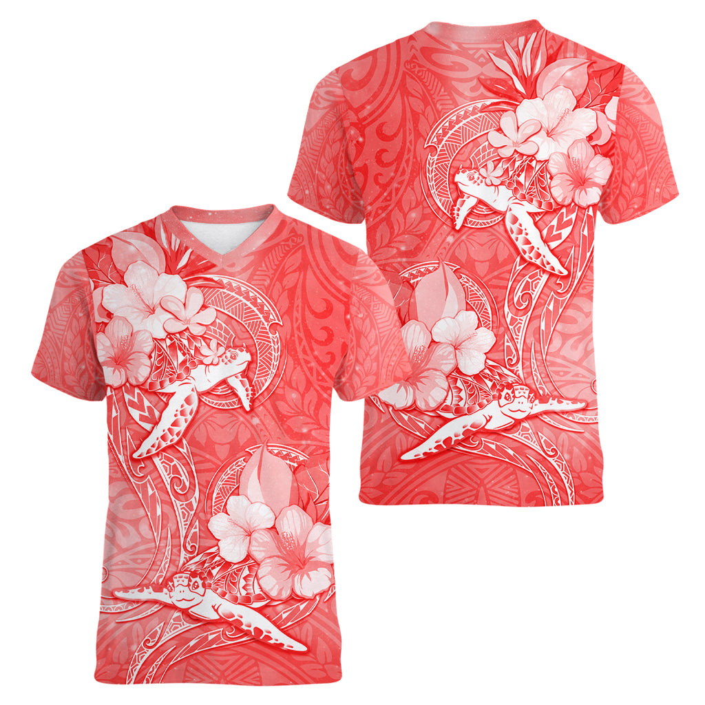 Polynesia Sea Turtle Couple Women V Neck T Shirt Happy Valentine Day Red LT05 - Polynesian Pride