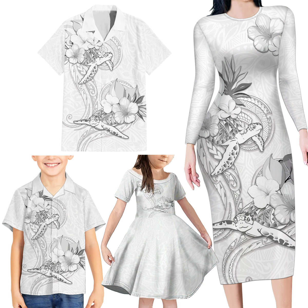 Polynesia Sea Turtle Couple Family Matching Long Sleeve Bodycon Dress and Hawaiian Shirt Happy Valentine Day White LT05 - Polynesian Pride