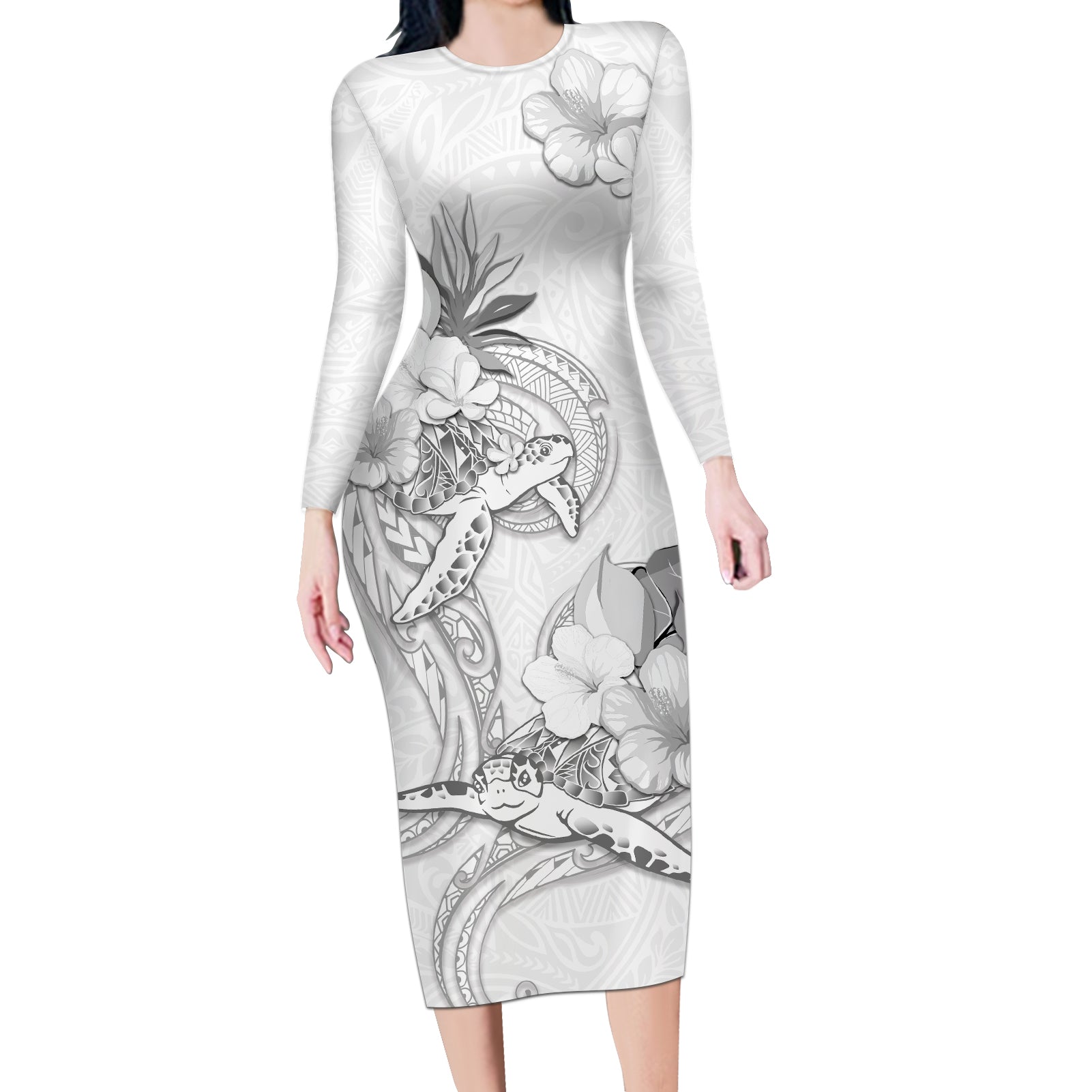 Polynesia Sea Turtle Couple Long Sleeve Bodycon Dress Happy Valentine Day White LT05 Long Dress White - Polynesian Pride